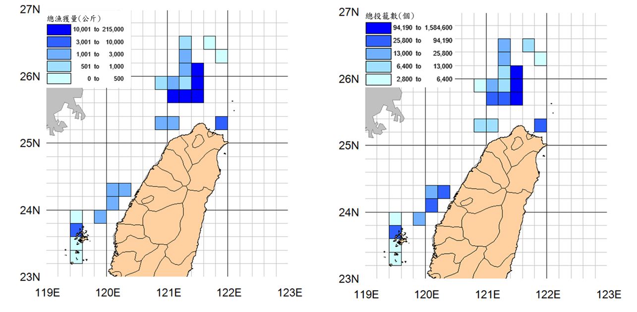 Figure 3   Main catchment areas (left) and operation areas (right) of crab fishing vessels in northern Taiwan from 2016 to 2018.