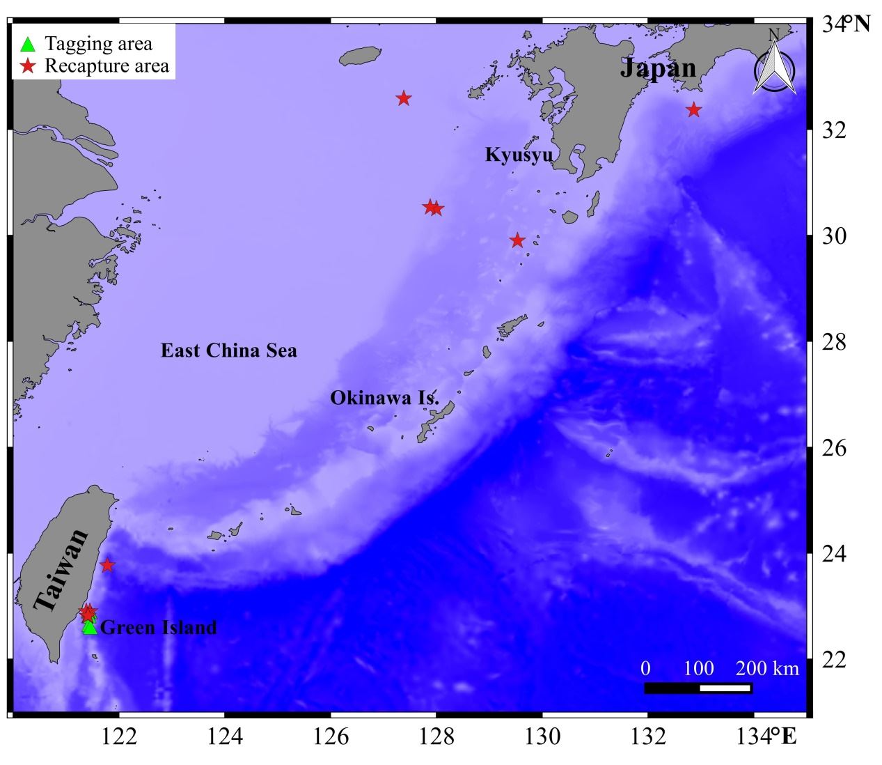 Locations of skipjack tagging and recapture (green triangle is tagging location; red star isrecapture location)